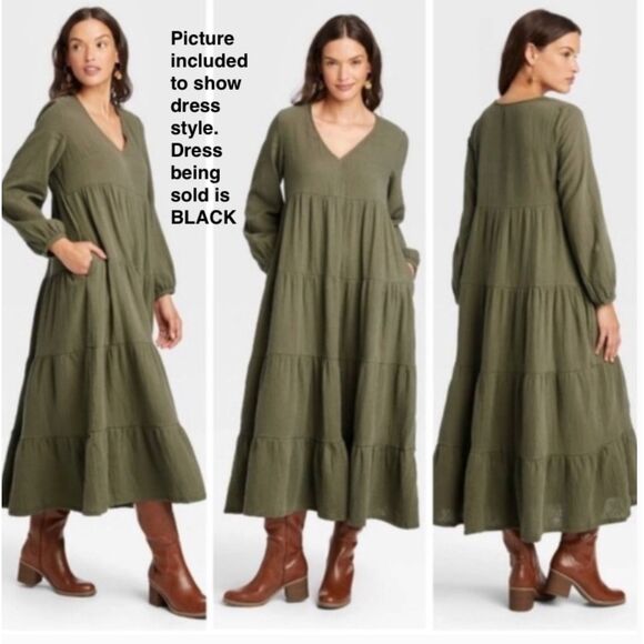 Universal Thread Black Cotton Gauze Long Sleeve midi tiered dress pockets 1X - Picture 2 of 15